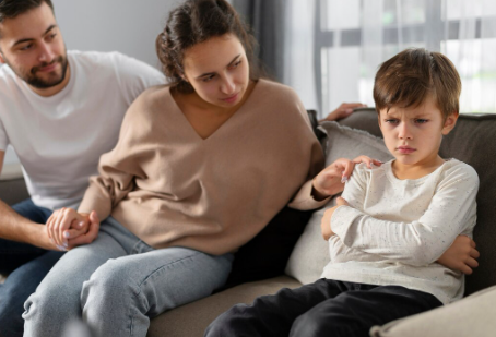 Parents calm talk with child